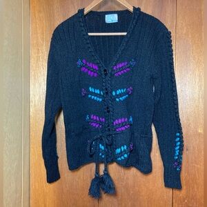 Vintage Sears Jr Bazaar Black Knit Embroidered Cardigan Sweater Size M